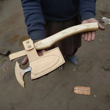 Load image into Gallery viewer, Handmade Damascus Steel Viking Axe and Matching Knife Set with Ash Wood Handle and Leather Sheath