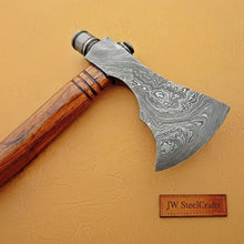 Load image into Gallery viewer, Damascus Smoking Axe with Leather Sheath and Ringed Rosewood Handle