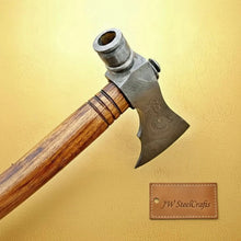 Load image into Gallery viewer, Damascus Smoking Axe with Leather Sheath and Ringed Rosewood Handle