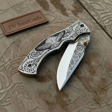 Load image into Gallery viewer, Hand Engraved Folding Knife — Eagle Motif Stainless Steel Scales