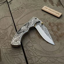 Load image into Gallery viewer, Hand Engraved Folding Knife — Eagle Motif Stainless Steel Scales