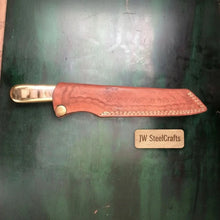 Load image into Gallery viewer, Premium Damascus Clip-Point Bushcraft Hunter — Twisted Pattern, Ram’s Horn &amp; Brass Handle with Leather Sheath