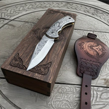 Load image into Gallery viewer, Hand Engraved Folding Knife — Eagle Motif Stainless Steel Scales