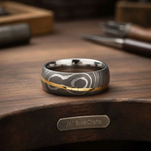 Load image into Gallery viewer, Raindrop Damascus Ring with Gold Inlay and Polished Silver Interior