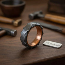 Load image into Gallery viewer, Copper Sleeve Damascus Ring with Carved Faceted Exterior