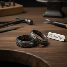 Load image into Gallery viewer, Damascus Steel Wedding Band Set with Wide and Slim Black Rings