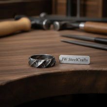 Load image into Gallery viewer, Geometric Damascus Faceted Ring with Twisted Multi-Facet Design