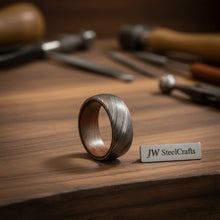 Load image into Gallery viewer, Damascus Wood Sleeve Ring with Natural Wood Liner and Linear Steel Pattern