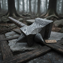 Load image into Gallery viewer, Darkforge Titan Hammer 8" Handmade Full Damascus Steel Collectible with Dual Spikes
