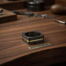 Load image into Gallery viewer, Square Damascus Steel Ring With Brass Inlay Handmade Mens Band