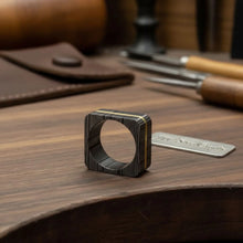 Load image into Gallery viewer, Square Damascus Steel Ring With Brass Inlay Handmade Mens Band