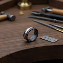 Load image into Gallery viewer, Black Damascus Offset Gold Inlay Ring with Asymmetric Gold Line