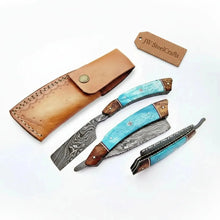 Load image into Gallery viewer, Classic Western Damascus Straight Barber Razor with Blue Bone and Rosewood Handle