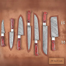 Load image into Gallery viewer, 7-Piece Damascus Kitchen Knife Set Chef, Nakiri, Bread Knife and Cleaver, Red Pakka Wood Handles