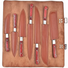 Load image into Gallery viewer, 7-Piece Damascus Kitchen Knife Set Chef, Nakiri, Bread Knife and Cleaver, Red Pakka Wood Handles