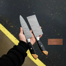 Load image into Gallery viewer, Premium Damascus Cleaver and Santoku knife Set — Olive Wood &amp; Black Resin Handles, Full Tang Chef Knives