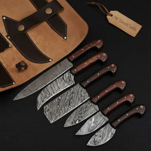 Load image into Gallery viewer, 6-Piece Damascus Knife Set with Leather Roll