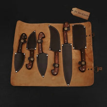 Load image into Gallery viewer, 6-Piece Damascus Knife Set with Leather Roll