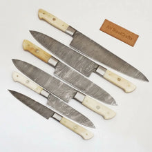 Load image into Gallery viewer, 6-Piece Damascus Kitchen Knife Set – Gyuto, Santoku, Nakiri, Boning, Utility &amp; Paring | Natural Bone Handle | Leather Roll