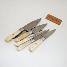 Load image into Gallery viewer, 6-Piece Damascus Kitchen Knife Set – Gyuto, Santoku, Nakiri, Boning, Utility &amp; Paring | Natural Bone Handle | Leather Roll