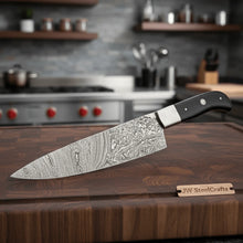 Load image into Gallery viewer, Handcrafted Damascus Steel Chef Knife, Black Resin Handle, Japanese Kitchen Blade by JW SteelCrafts