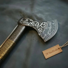 Load image into Gallery viewer, Wolf's Fang Viking Axe &amp; Knife Set with Carved Hardwood Handle