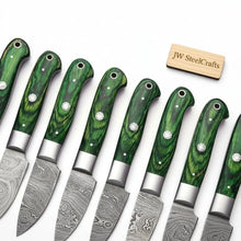 Load image into Gallery viewer, 8-Piece Damascus Steak Knife — Twisted Damascus Blades, Green Pakka Wood Handles