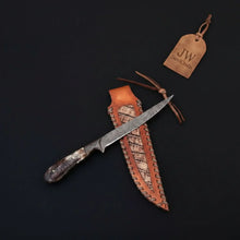Load image into Gallery viewer, Custom Handmade Damascus Steel Boning Knife With Colour Bone Handle  with Leather Sheath