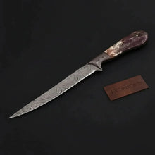 Load image into Gallery viewer, Custom Handmade Damascus Steel Boning Knife With Colour Bone Handle  with Leather Sheath