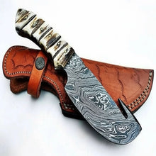Load image into Gallery viewer, 9' Handmade Damascus Skinner Knife with Stag Bone Handle and Gut Hook Blade
