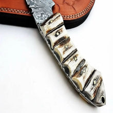 Load image into Gallery viewer, 9' Handmade Damascus Skinner Knife with Stag Bone Handle and Gut Hook Blade
