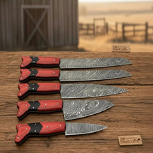 Load image into Gallery viewer, 5-Piece Damascus Carving Knife Set Red Pakka Black Resin with Wood Grain Damascus Blades