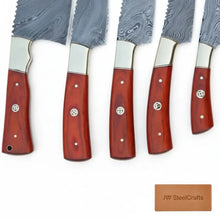 Load image into Gallery viewer, 5-Piece Damascus Kitchen Knife Set — Butcher, Bread, Chef, Utility &amp; Paring with Reddish Hardwood Handles
