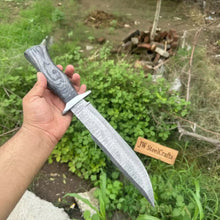 Load image into Gallery viewer, Handmade Damascus Recurve Clip Point Bowie Knife 10” Fixed Blade Outdoor Survival Knife