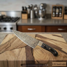 Load image into Gallery viewer, Custom Damascus Gyuto Chef Knife, Handmade Professional Cooking Knife with Steel Bolster by JW Steel
