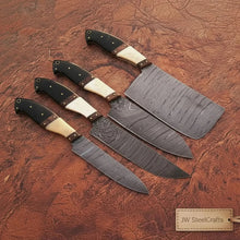 Load image into Gallery viewer, 4-piece high-carbon Damascus butcher knife set – bone and horn handle with brass pins