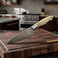 Load image into Gallery viewer, Custom Handmade Damascus Bunka Knife with Bone Handle and Steel Bolster, Hand Forged Japanese knives
