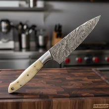 Load image into Gallery viewer, Custom Handmade Damascus Bunka Knife with Bone Handle and Steel Bolster, Hand Forged Japanese knives