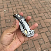 Load image into Gallery viewer, Damascus Recurve Folding Pocket Knife — Liner Lock, Black Resin &amp; Wood Handle, Brass Spacer &amp; Pocket Clip