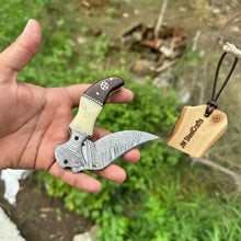 Load image into Gallery viewer, Damascus Hawkbill Folding Pruning Knife — Liner Lock, Rosewood &amp; Bone Handle, Mosaic Pin