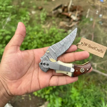 Load image into Gallery viewer, Damascus Hawkbill Folding Pruning Knife — Liner Lock, Rosewood &amp; Bone Handle, Mosaic Pin
