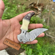 Load image into Gallery viewer, Damascus Hawkbill Folding Pruning Knife — Liner Lock, Rosewood &amp; Bone Handle, Mosaic Pin