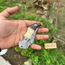 Load image into Gallery viewer, Damascus Hawkbill Folding Pruning Knife — Liner Lock, Rosewood &amp; Bone Handle, Mosaic Pin