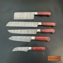 Load image into Gallery viewer, 5-Piece Handcrafted Damascus Steel Knife Set: Cleaver, Bread, Chef, Utility, Paring
