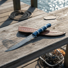 Load image into Gallery viewer, Handcrafted Damascus Steel Fish Fillet Knife with Blue Pakka Wood Handle and Leather Sheath