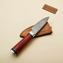 Load image into Gallery viewer, Handmade Damascus Petty Knife – 4-Inch Blade | Red Pakkawood Handle &amp; Steel Bolster | 8" Overall