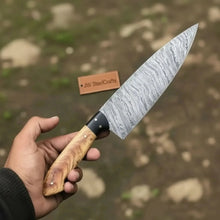 Load image into Gallery viewer, 13-Inch Fire Pattern Damascus Chef Knife — Olive Wood Handle, Brass Pins &amp; Dark Bolster | JW Steel Crafts