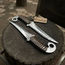 Load image into Gallery viewer, Handcrafted Persian Inspired Fixed Blade Knife Trailing Point Curved Blade with Finger Ring Tactical Utility Knife