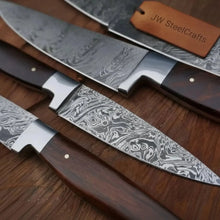 Load image into Gallery viewer, 4-Piece Damascus Knife Set Walnut Handle with Floral Pattern Blades