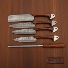 Load image into Gallery viewer, Hand-Forged Damascus Chef Knife Set with Leather Roll &amp; Sharpening Rod - Rosewood Handle Collection